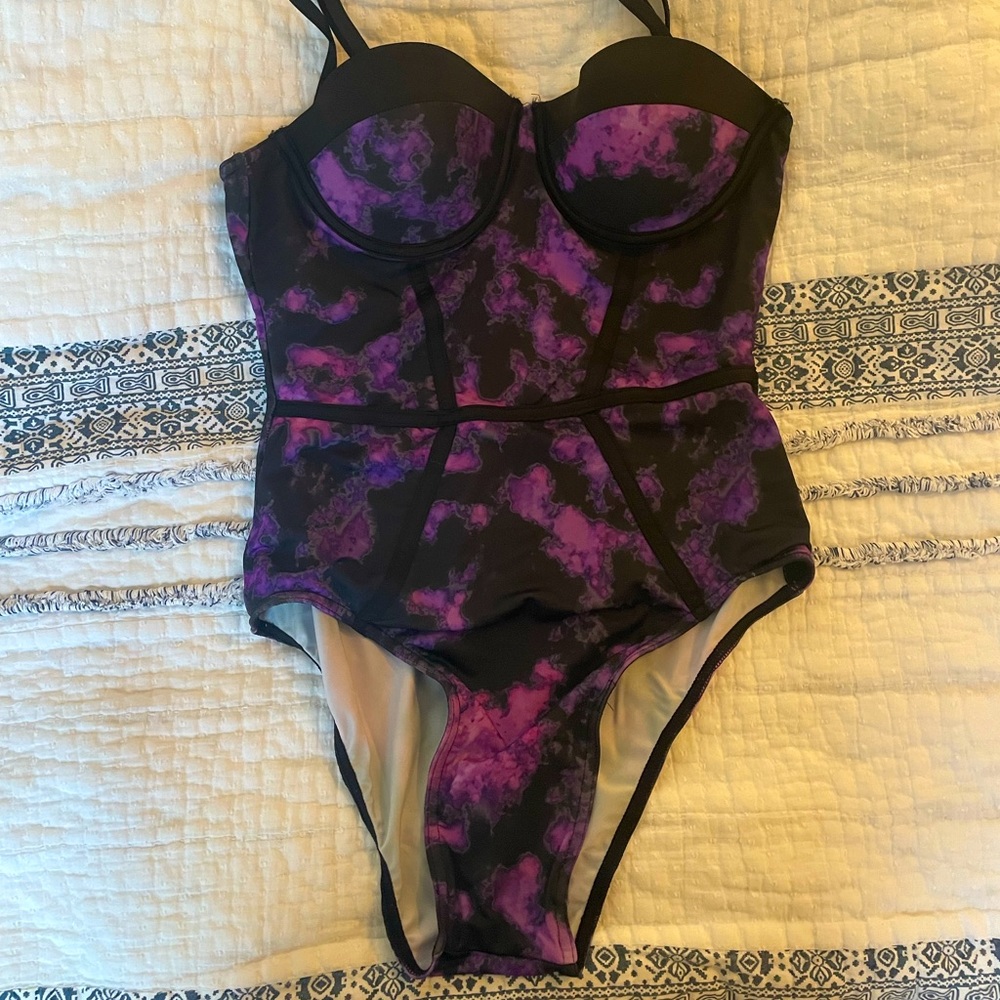 TOO FAST BRAND PUNK ROCK TIE DYE PLAID CORSET ONE PIECE SWIMSUIT
